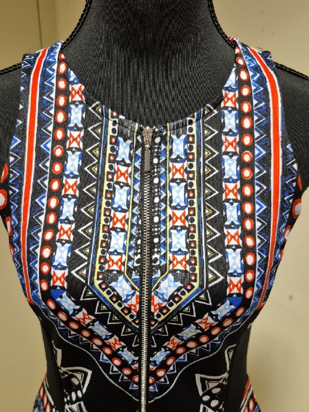 Sleeveless Black Tribal Print A-Line Dress - Picture 4 of 6